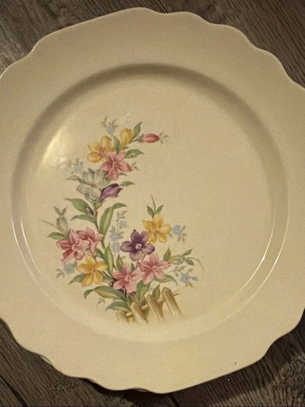 (4) W. S. George Lido Floral Beige Round Plate Glossy Ceramic USA 1964 Vintage